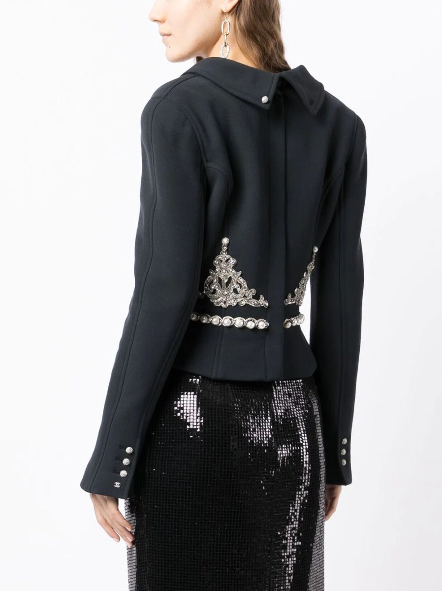 Black Faux-Pearl Rhinestone Embellished Blazer - Rewind Vintage Affairs