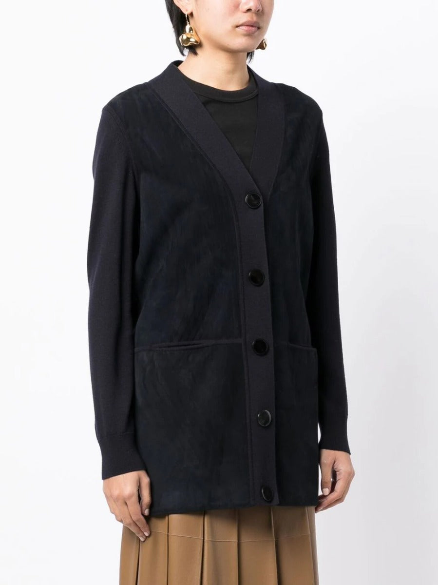V-neck Suede Navy Cardigan - Rewind Vintage Affairs