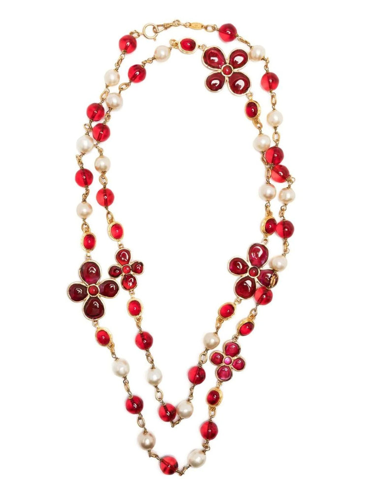 Gripoix Pearl Bead-Detailed Necklace Red Chanel