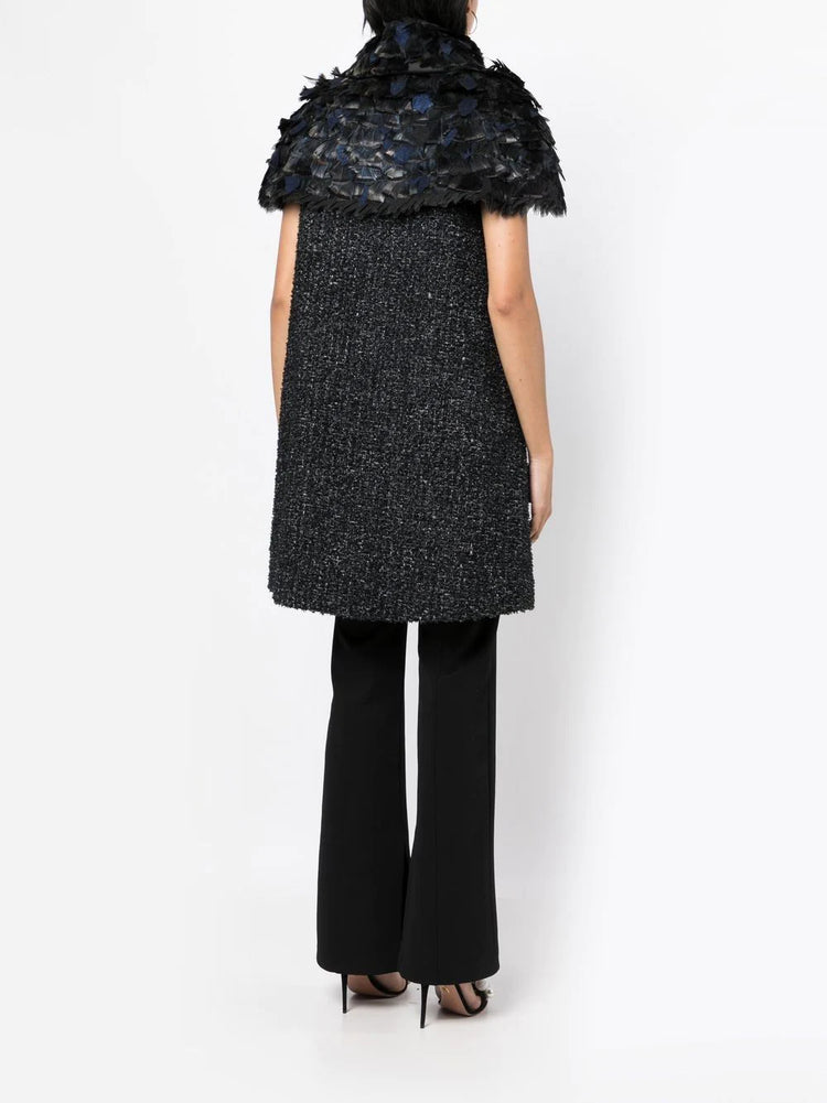 Black & Blue Feather-Embellished Tweed Coat - Rewind Vintage Affairs