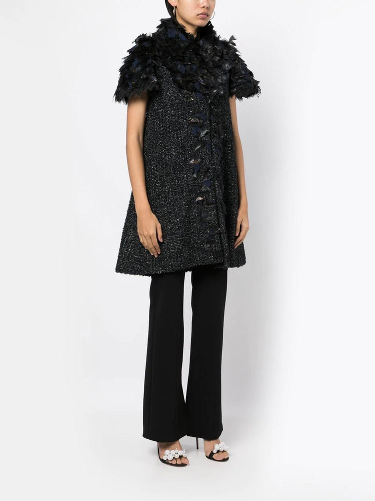 Black & Blue Feather-Embellished Tweed Coat - Rewind Vintage Affairs