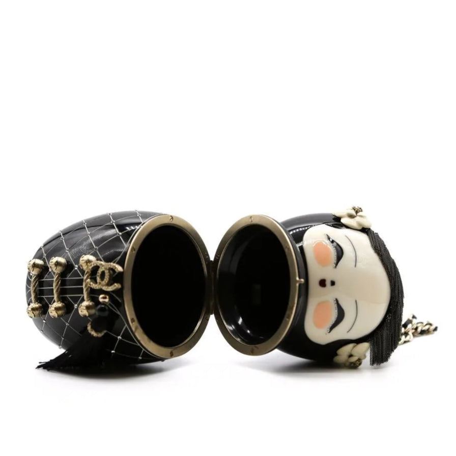 Black Plexiglass & Enamel Paris-Shanghai China Doll Minaudiere - rewindvintageofficial
