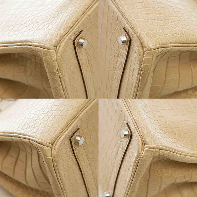 Hermès Birkin 35 bag in Parchemin beige Porosus crocodile leather with dual rolled handles, palladium-tone hardware, front flap, belted straps, and turn-lock closure.