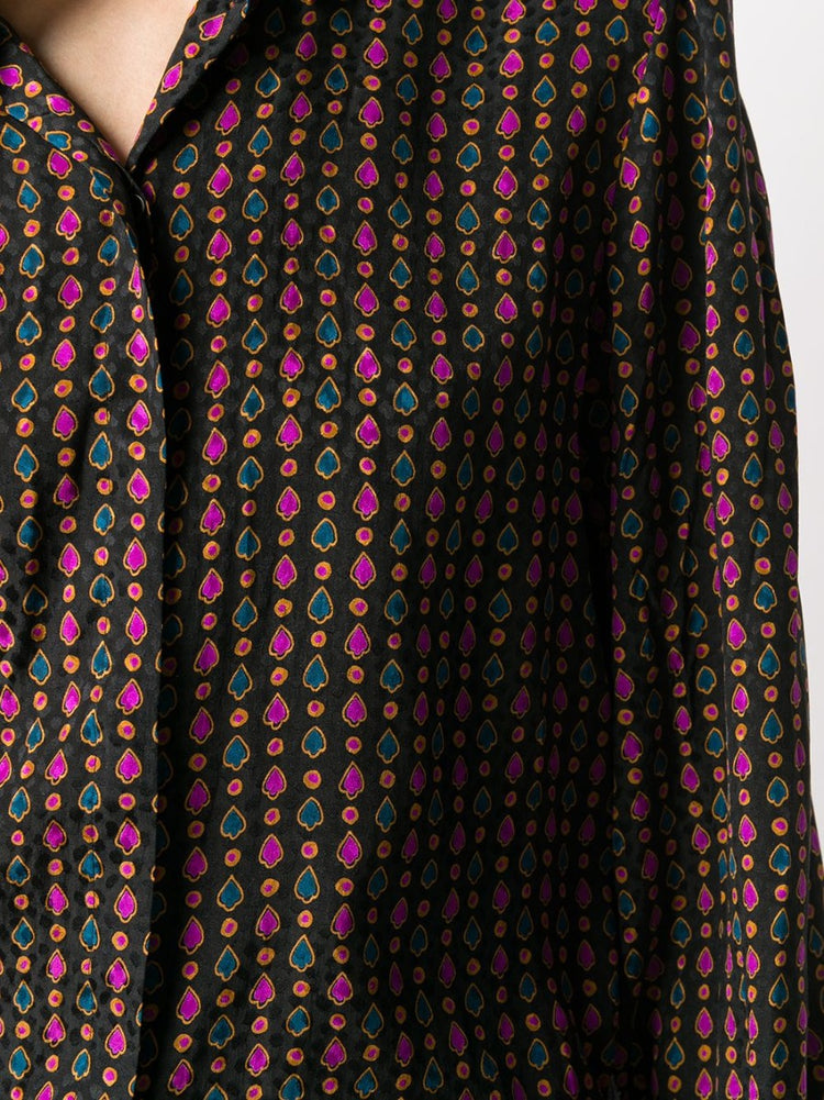 Lanvin black silk blouse with Ace of Spades-inspired multicolour print, ruffled high collar, long sleeves, buttoned cuffs, concealed front fastening, and lightweight fluid fit.
