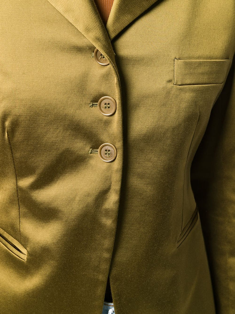 Vintage 1980s Romeo Gigli olive blazer with tailored fit and classic lapel, perfect for retro style and sophisticated outfits.