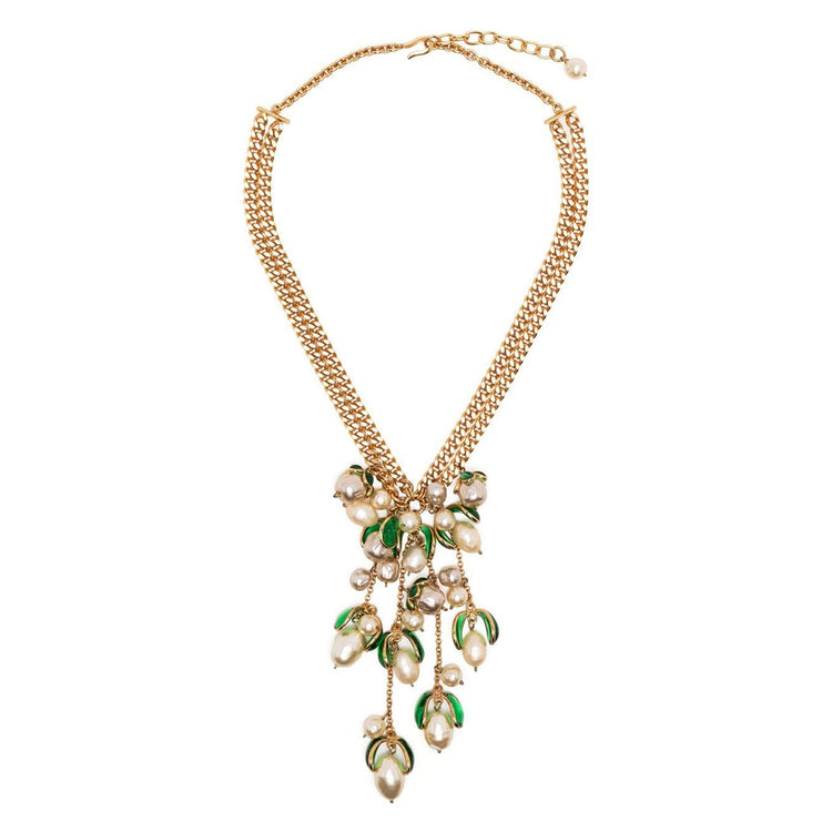 Gripoix Green Petal Pearl Pendant Necklace - Rewind Vintage Affairs