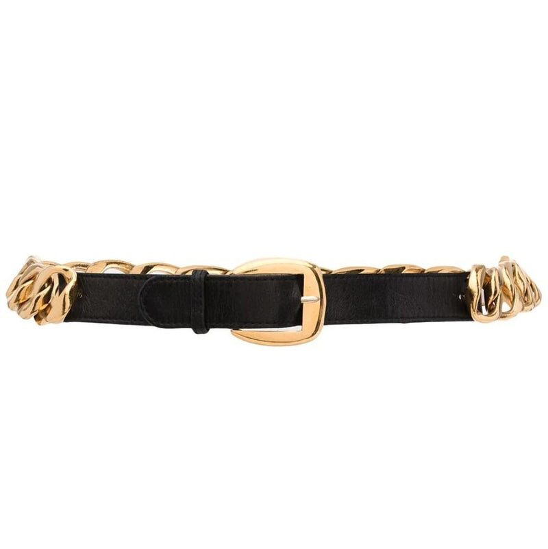 Chanel chain belt with interlocking links and designer branding, styled as a fashionable accessory for contemporary outfits.
