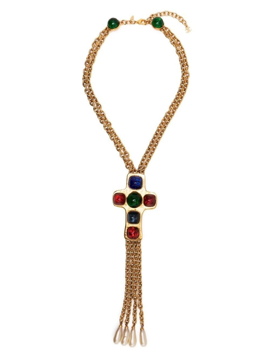 Double Strand Cabochon Cross Motif Necklace - Rewind Vintage Affairs