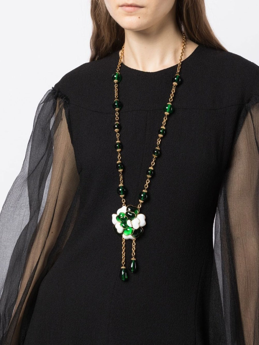 Green Camellia Dangle Necklace - Rewind Vintage Affairs