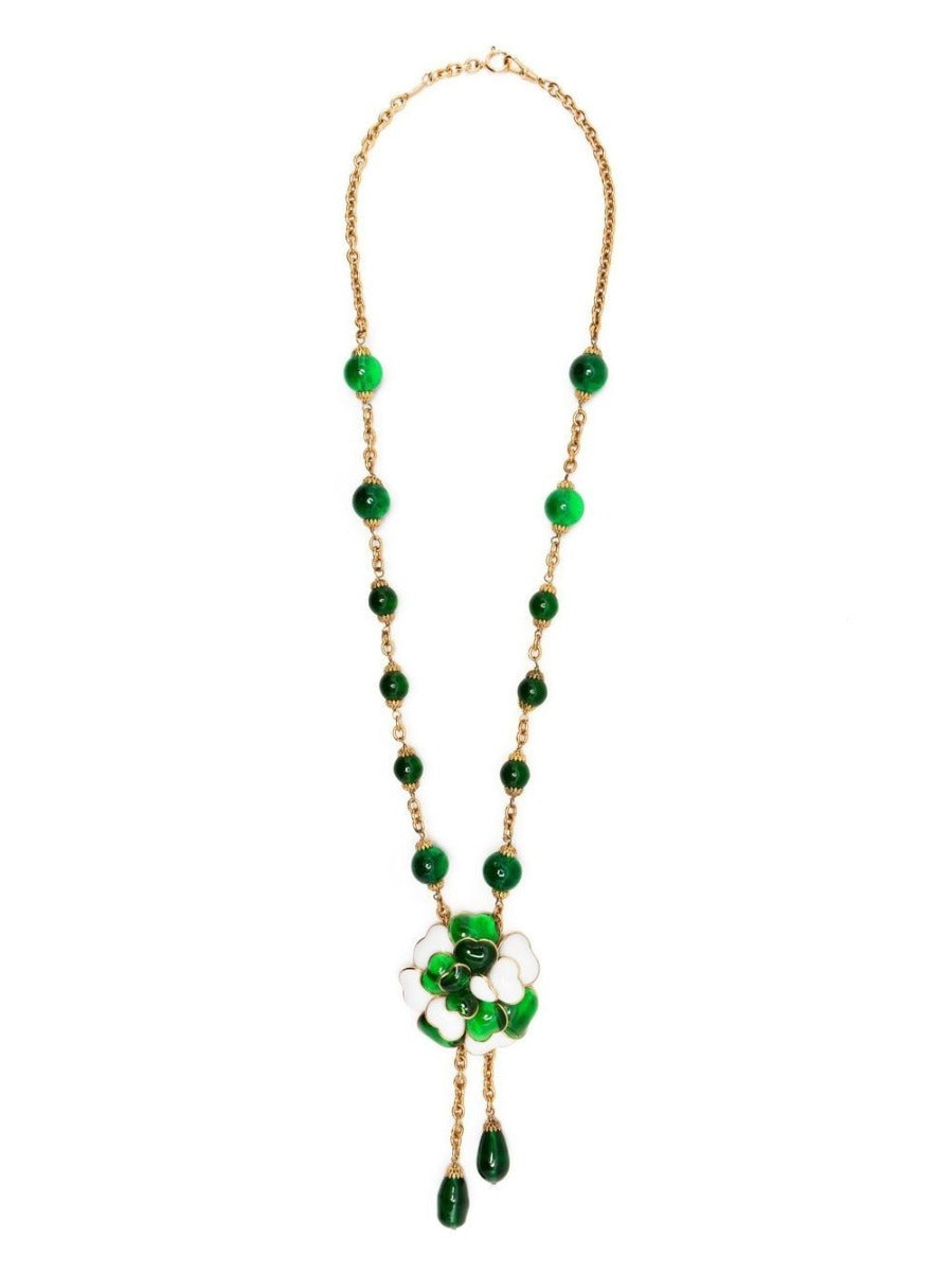 Green Camellia Dangle Necklace - Rewind Vintage Affairs
