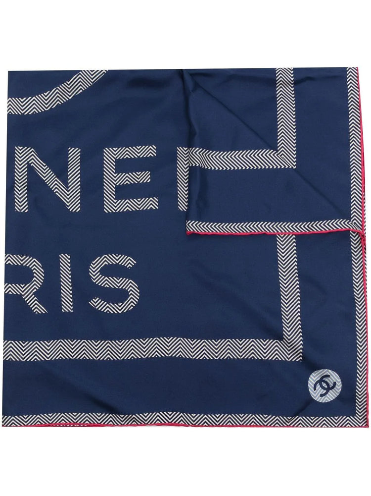 Navy CC Logo Pink Trim Silk Scarf - Rewind Vintage Affairs