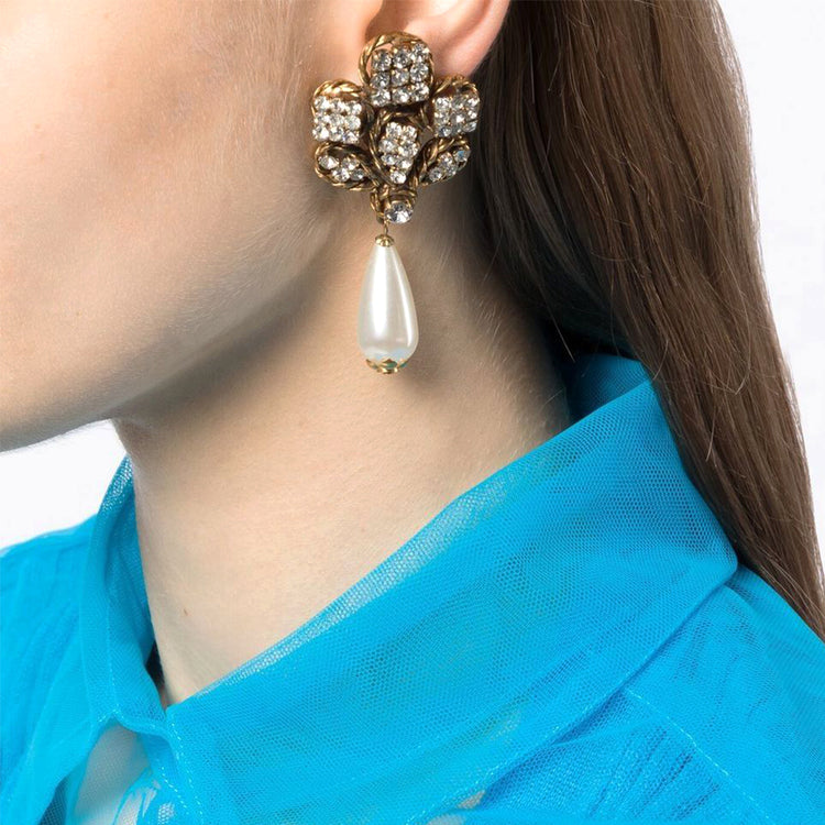Pearl and Rhinestone Foliage Clip-on Earrings - Rewind Vintage Affairs
