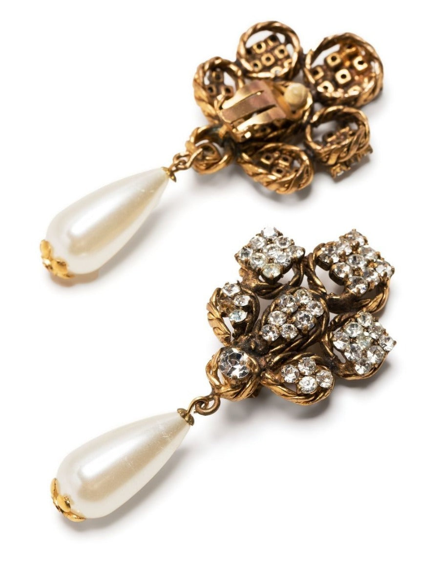 Pearl and Rhinestone Foliage Clip-on Earrings - Rewind Vintage Affairs