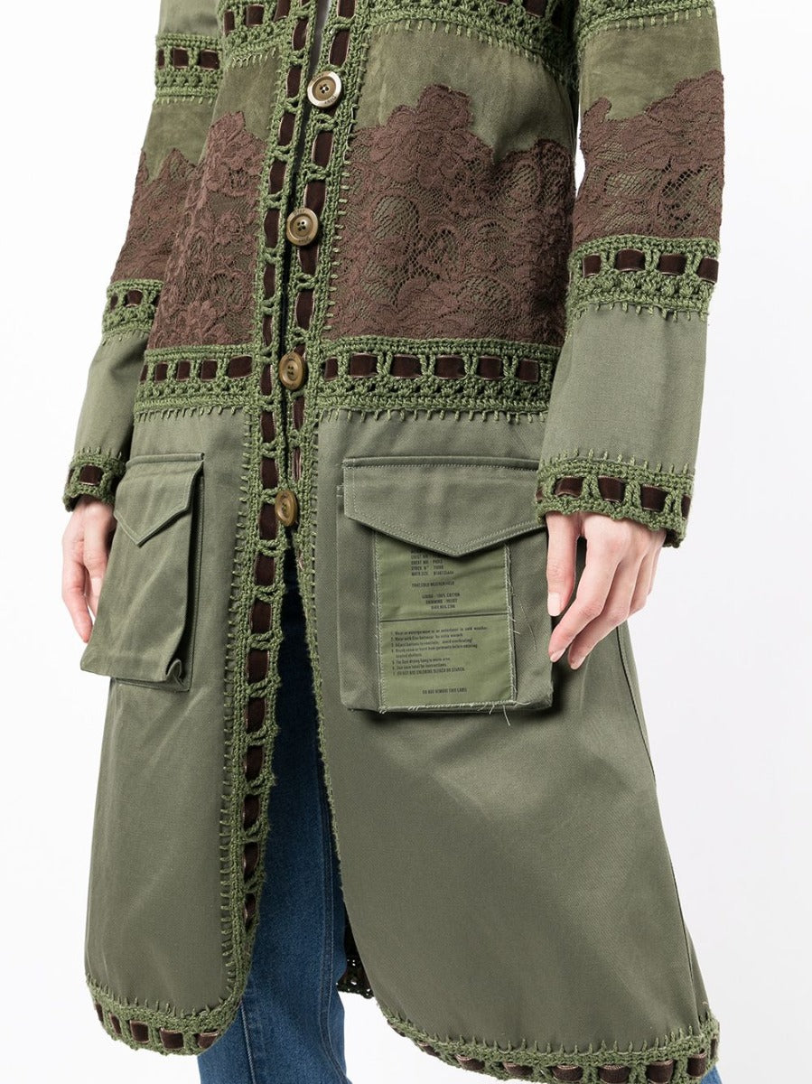 Military Green Lace Detail Single-breasted Coat - Rewind Vintage Affairs