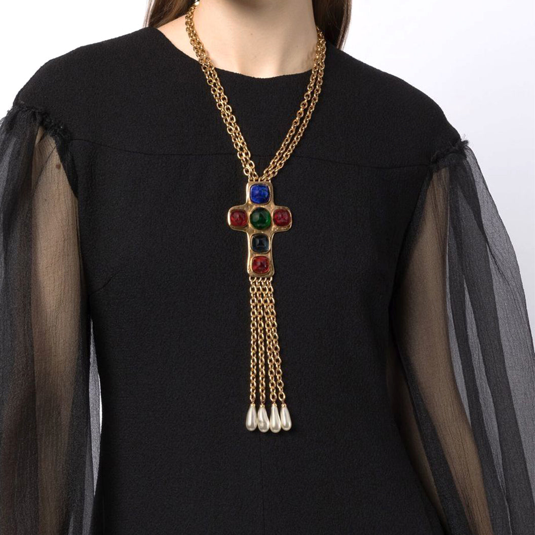 Double Strand Cabochon Cross Motif Necklace - Rewind Vintage Affairs