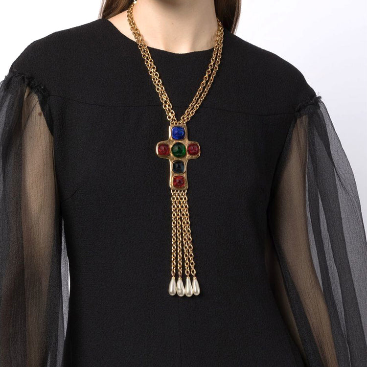 Double Strand Cabochon Cross Motif Necklace - Rewind Vintage Affairs