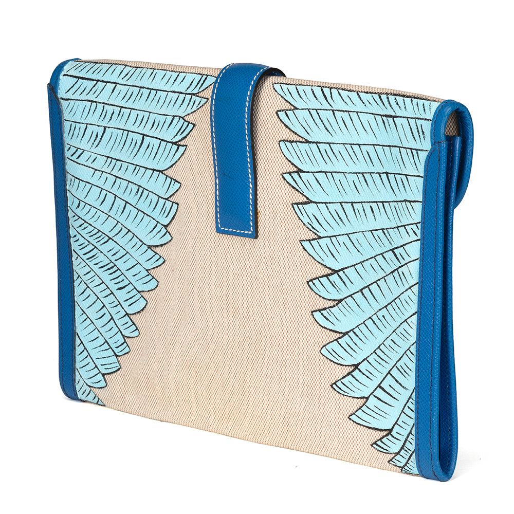 Ivory and Blue Jige Clutch Customised With Bird - rewindvintageofficial