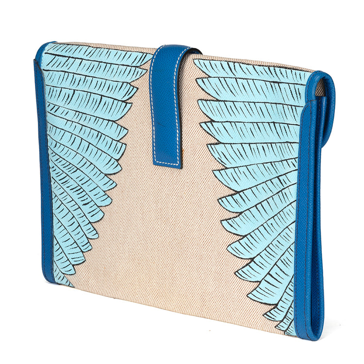Ivory and Blue Jige Clutch Customised With Bird - rewindvintageofficial