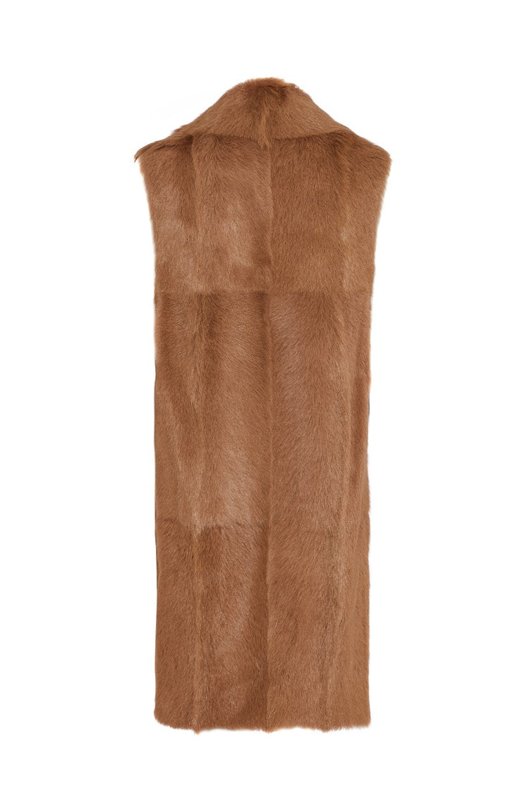 Long Golden Brown Goat Fur Gilet - Rewind Vintage Affairs