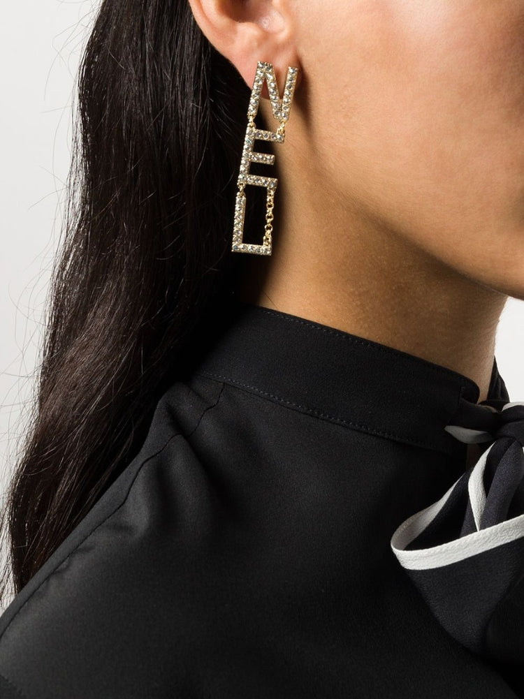 Crystal Embellished Logo Drop Earrings - rewindvintageofficial