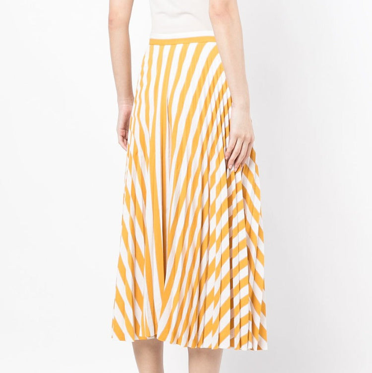 Yellow striped pleated midi skirt from Other Designers, showcasing its flowy fabric and stylish pleats.