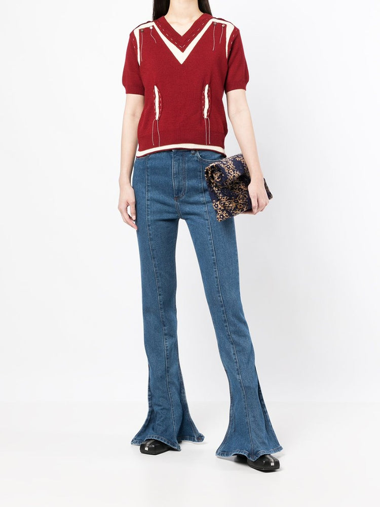 Red V-Neck Deconstructed Knit Top - Rewind Vintage Affairs