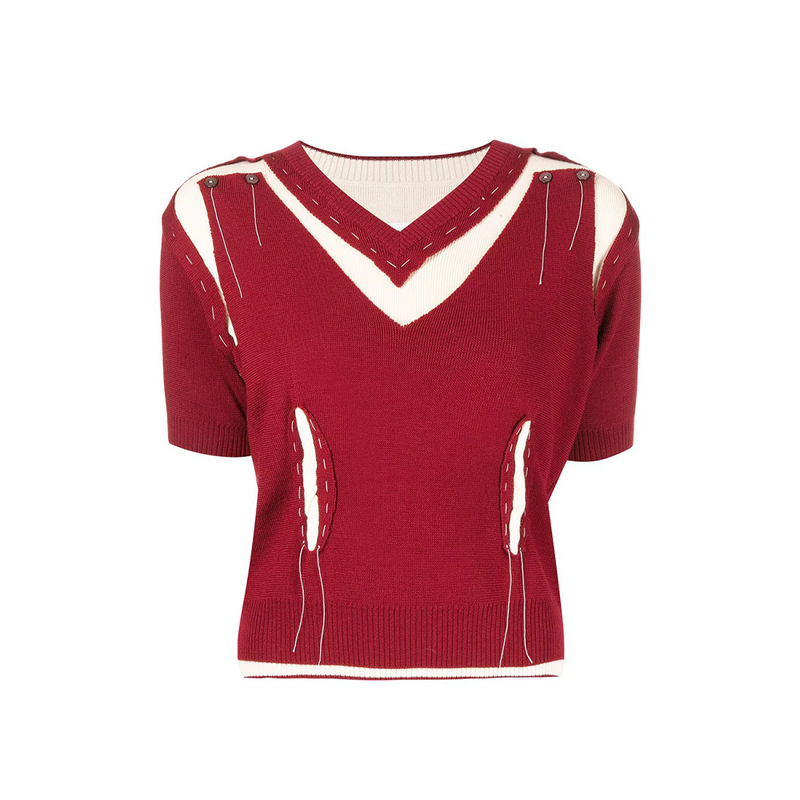Red V-Neck Deconstructed Knit Top
