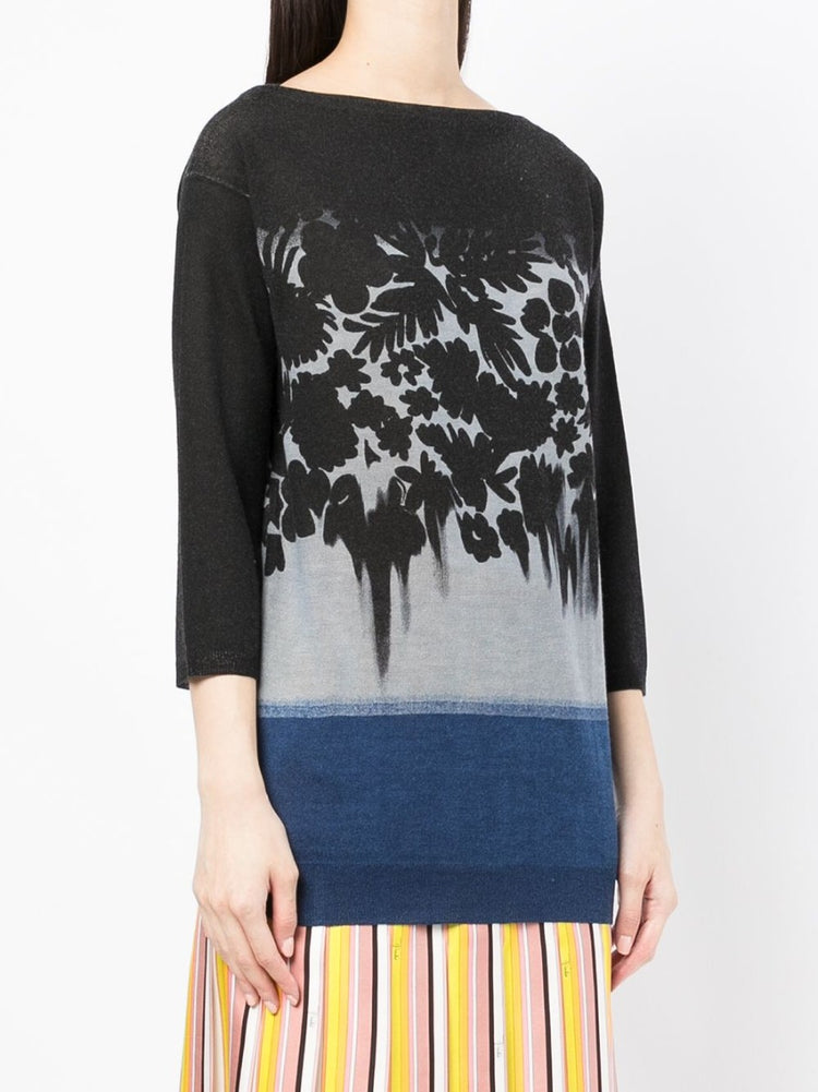 Blue Floral Print Knitted Top - Rewind Vintage Affairs