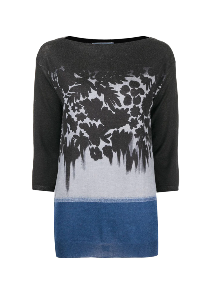 Blue Floral Print Knitted Top - Rewind Vintage Affairs