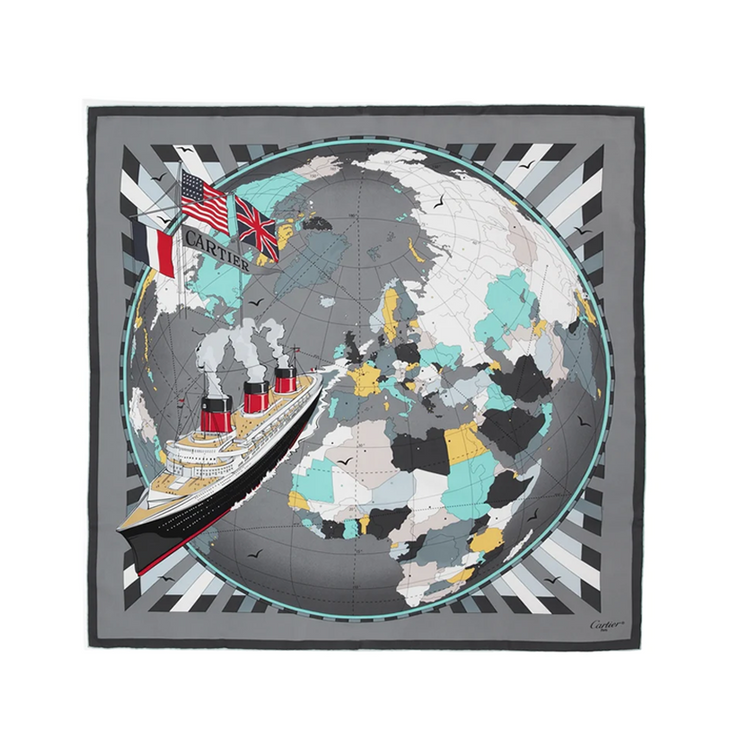 Grey and Blue Globe and Ship Silk Scarf - Rewind Vintage Affairs