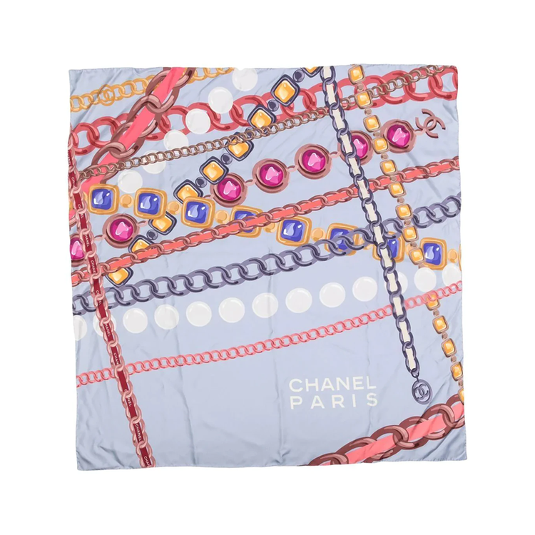 Light Blue Chain Motif Silk Scarf - Rewind Vintage Affairs