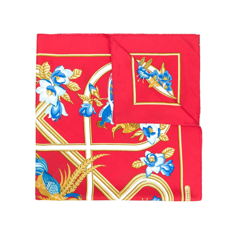 Red "Birds & Flowers" Print Silk Scarf - Rewind Vintage Affairs