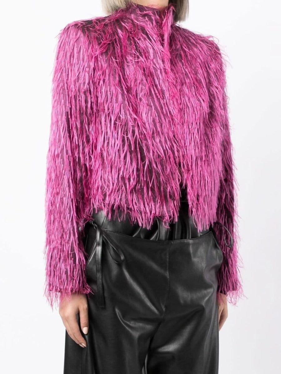 Fuchsia Shaggy Faux Fur Cropped Jacket - Rewind Vintage Affairs