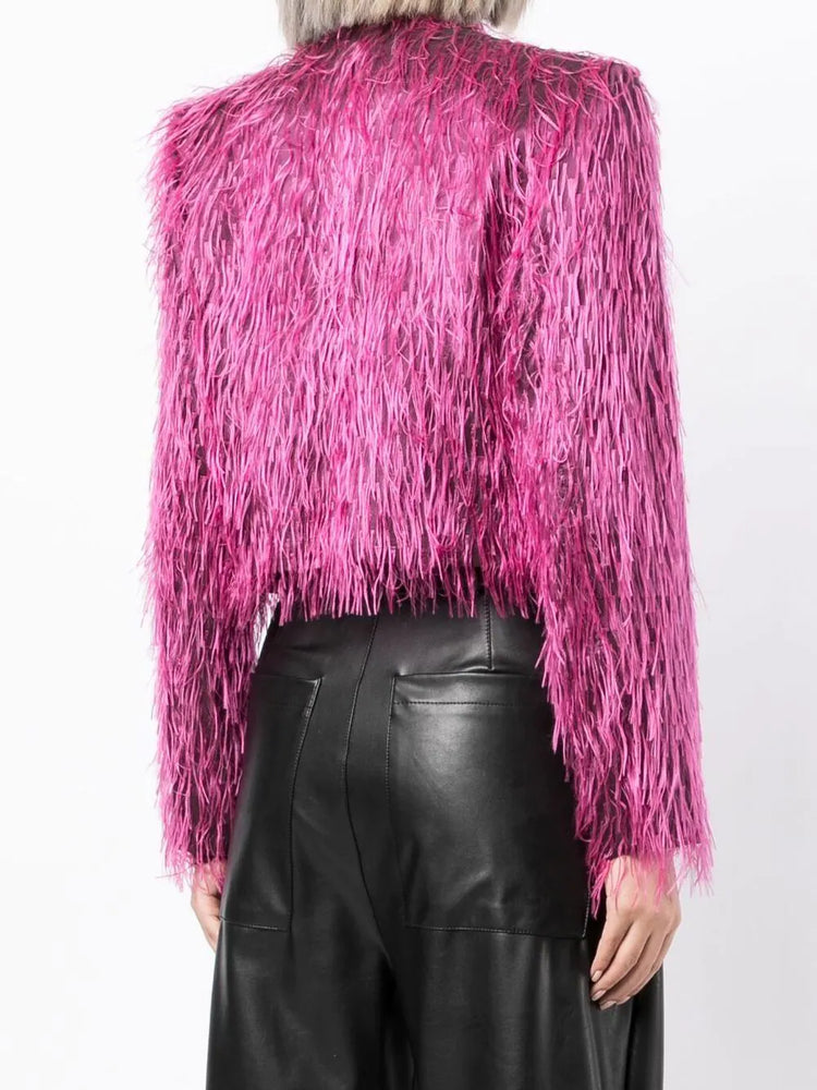 Fuchsia Shaggy Faux Fur Cropped Jacket - Rewind Vintage Affairs