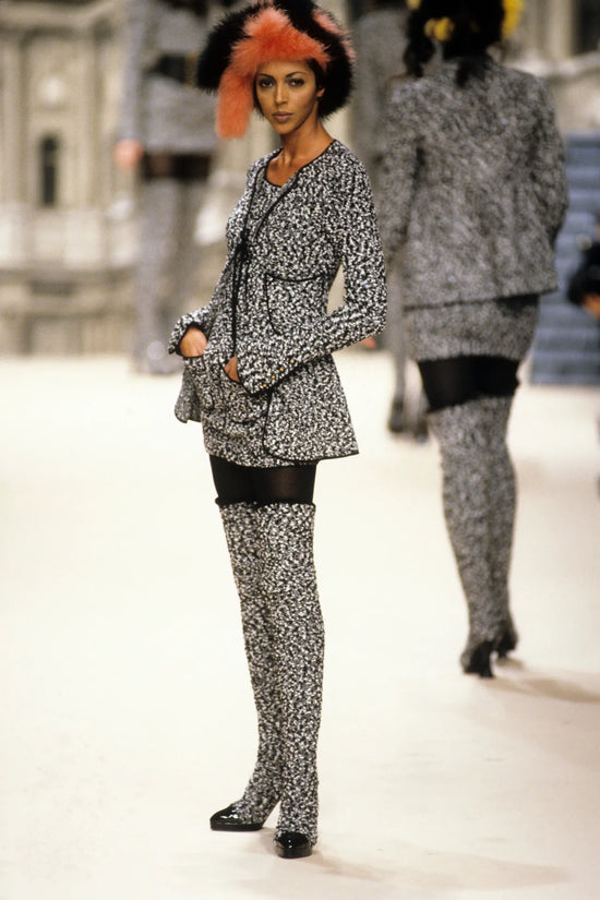 Monochrome Tweed Tie-Front Cardigan