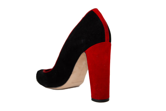 Manolo Blahnik Black and Red Suede Block Heel