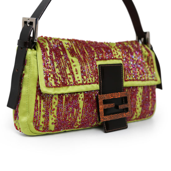 Fendi Glitter Lime and Red Baguette Handbag