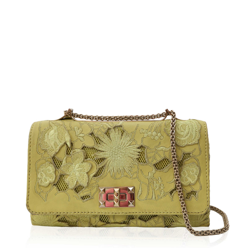 Valentino Yellow Leather Lace Cut-Out Girello Flap Bag