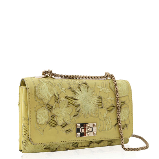 Valentino Yellow Leather Lace Cut-Out Girello Flap Bag