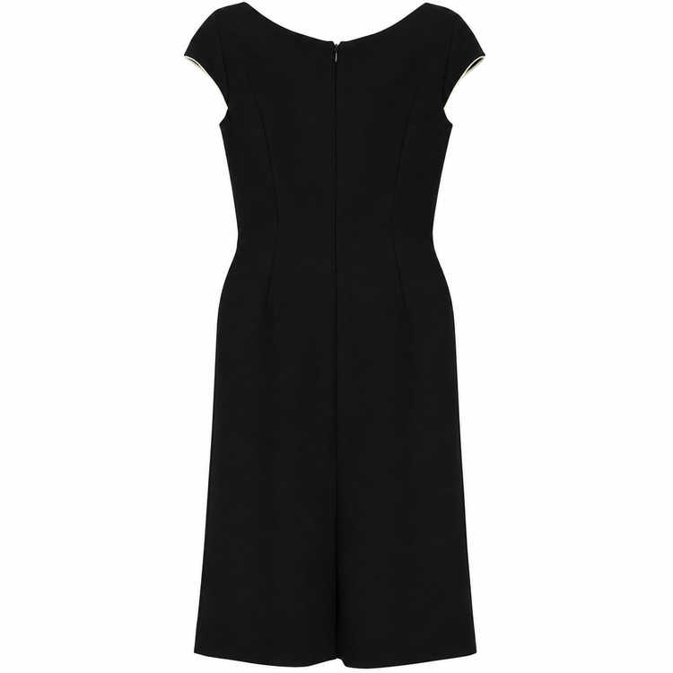 Prada 2004 black wool midi dress with sweetheart neckline, cap sleeves, contrast piping, cut-out detailing, fitted waist, exposed back zip and structured silhouette.