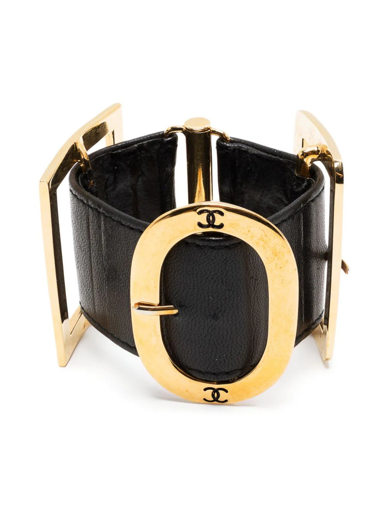 Chanel Black Lambskin Leather CC Cuff Bracelet - Yoogi's Closet