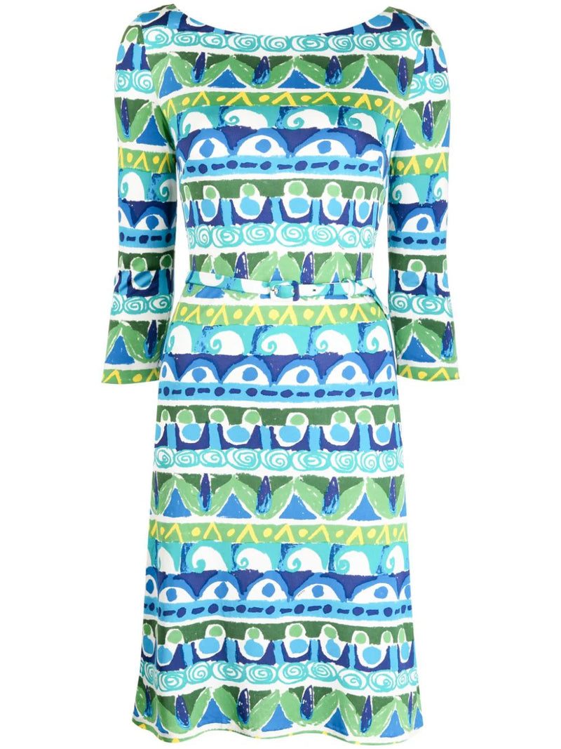 Abstract Print Jersey Belted Dress