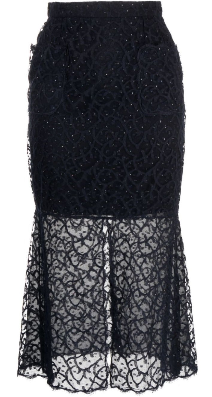 Rhinestone-embellished Lace Midi Skirt