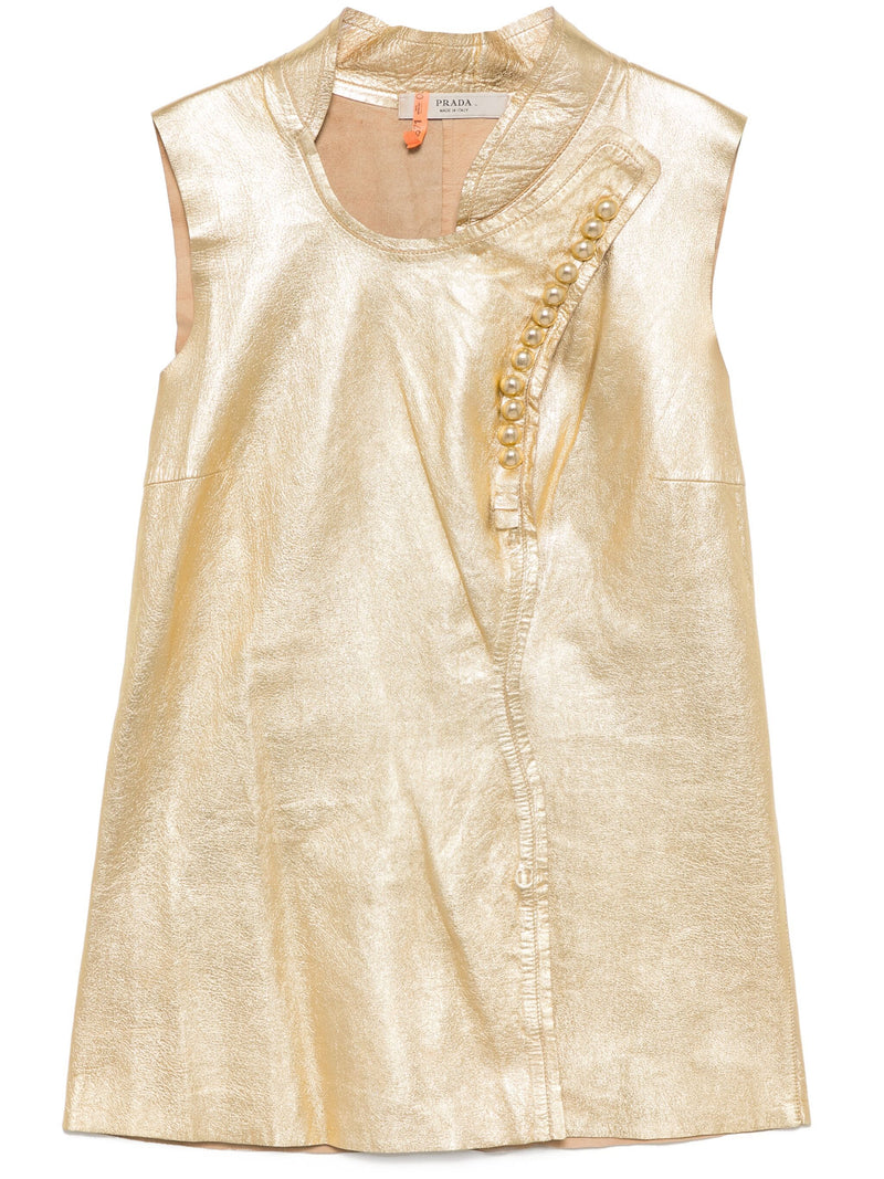 Sleeveless Golden Leather Buttoned Vest