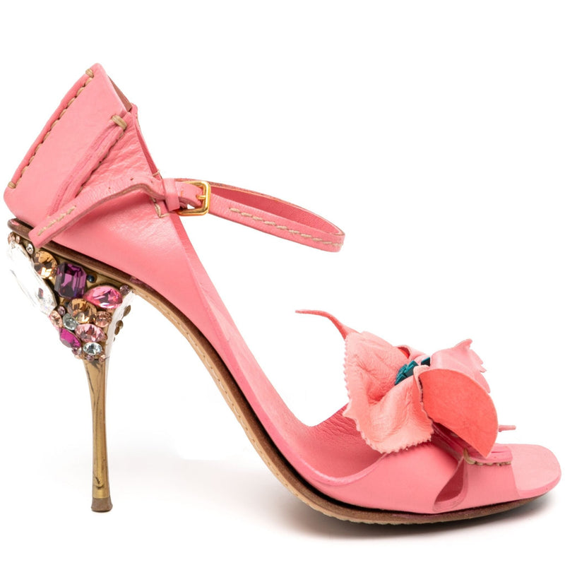 Pink Leather Flower Embellished Heels