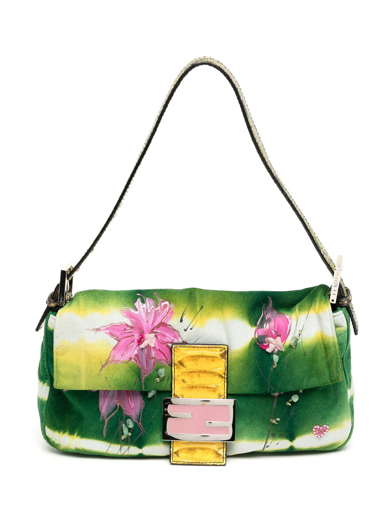 Fendi Green Suede Floral Baguette