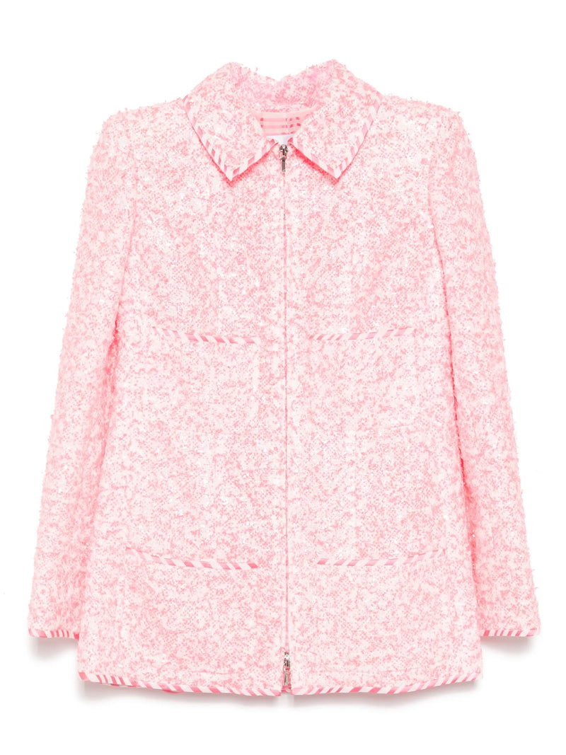 Chanel fluorescent pink textured blazer jacket with a tailored fit and stylish design, suitable for fashion-forward looks.