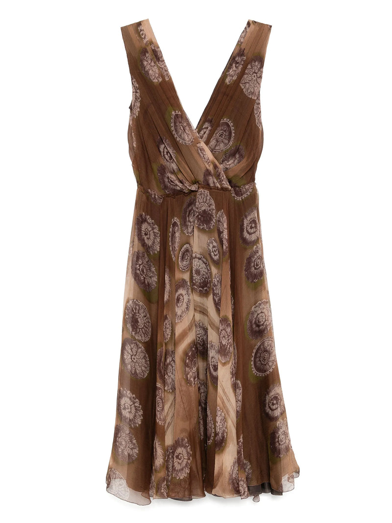 Brown floral patterned dress on a white background