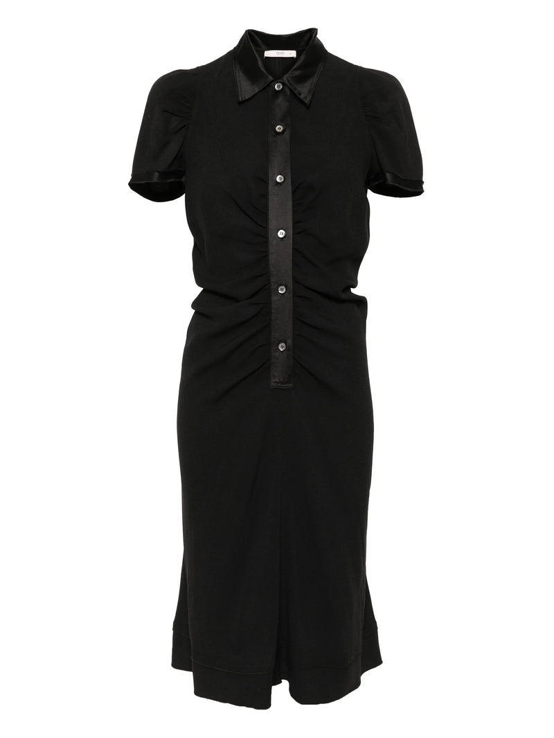 Black dress with short sleeves and a collar on a white background