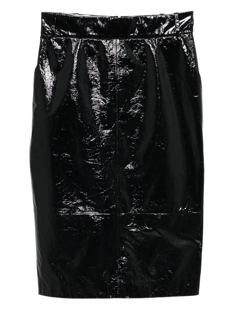 Black patent leather skirt on a white background